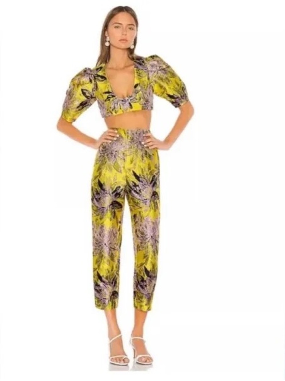 Camila Coelho Yellow Floral High-Waist Cropped Pantsuit